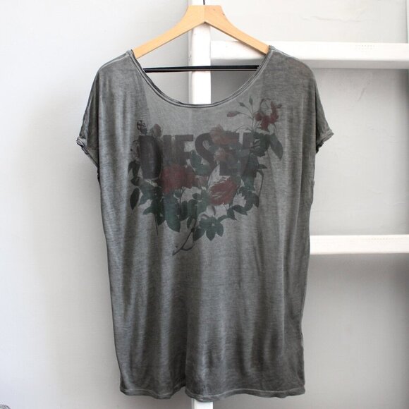 Diesel Women's Gray Logo Roses Printed Open-Back Short Sleeve Top Size Small - Picture 1 of 6